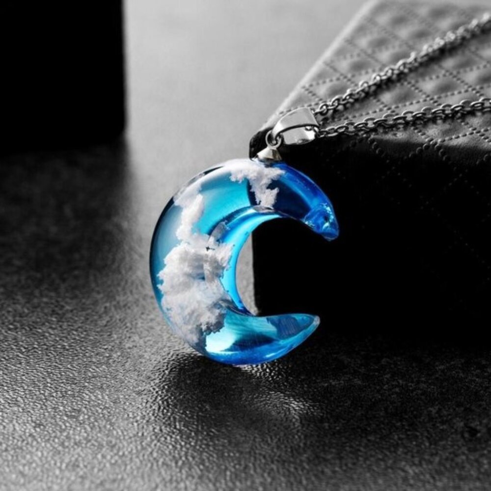 Blue Crescent Moon Resin Pendant Necklace Cloud Design Women’s Jewelry Gift